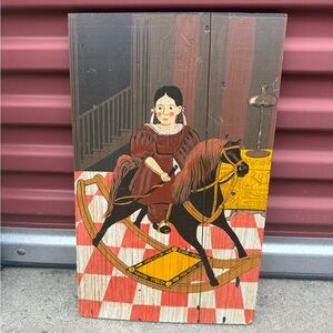 GEORGE NATHAN FOLK ART PAINTING ON WOOD GIRL CHILD On Rocking Horse P44 Vtg